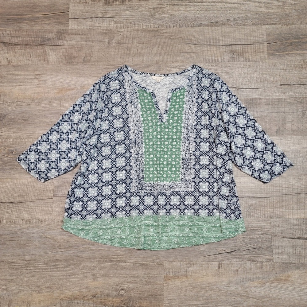 Lucky Brand 3X Blue Green Geometric Print V-Neck 3/4 Sleeve Top Boho Peasant